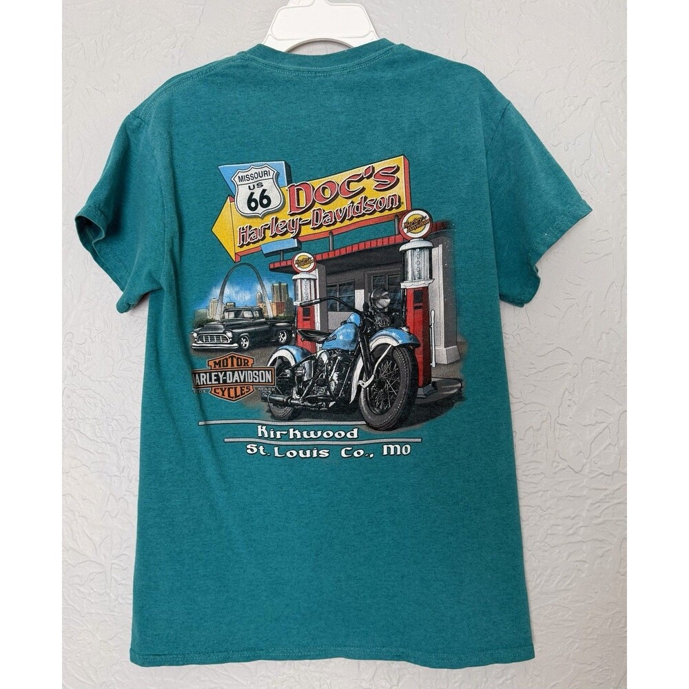 Harley Davidson T-Shirt Kirkwood Missouri Route 66 Docs USA Small Teal Blue Y2K